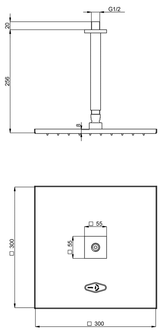Rubinetterie Treemme Q30 Soffione Doccia A Soffitto Quadro In Metallo 300x300 mm Anticalcare Con Braccio Doccia 256 mm Materiale Ottone Finitura Cromata