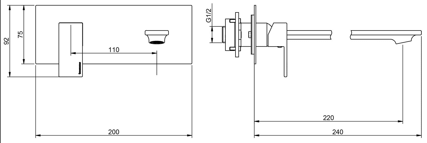 Rubinetterie Treemme Q30 Rubinetto Lavabo 220 Incasso A Muro Con Piastra Monocomando 1 Leva Parte Interna Esterna 2 Fori Materiale Ottone Finitura Cromato Stile Moderno Lunghezza 240 mm