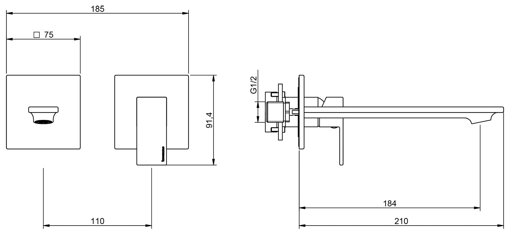 Rubinetterie Treemme Q30 Miscelatore Monocomando Lavabo Incasso 185 mm Parete Senza Piastra Materiale Ottone Finitura Cromata
