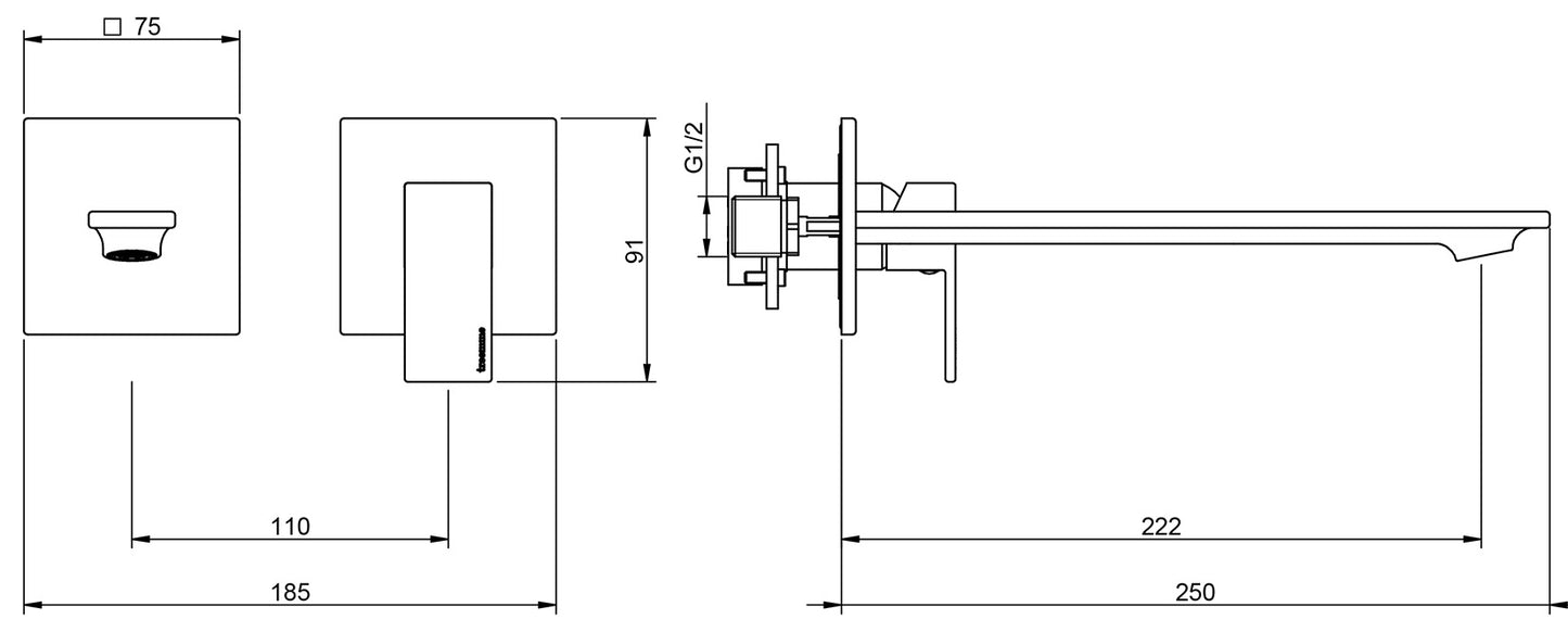 Rubinetterie Treemme Q30 Miscelatore Monocomando Lavabo Incasso 220 mm Muro Senza Piastra Materiale Ottone Finitura Cromata
