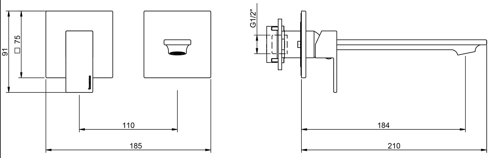 Rubinetterie Treemme Q30 Rubinetto Lavabo 190 Incasso Muro Senza Piastra Monocomando 1 Leva Parte Interna Esterna 2 Fori Materiale Ottone Finitura Cromato Stile Moderno Lunghezza 210 mm