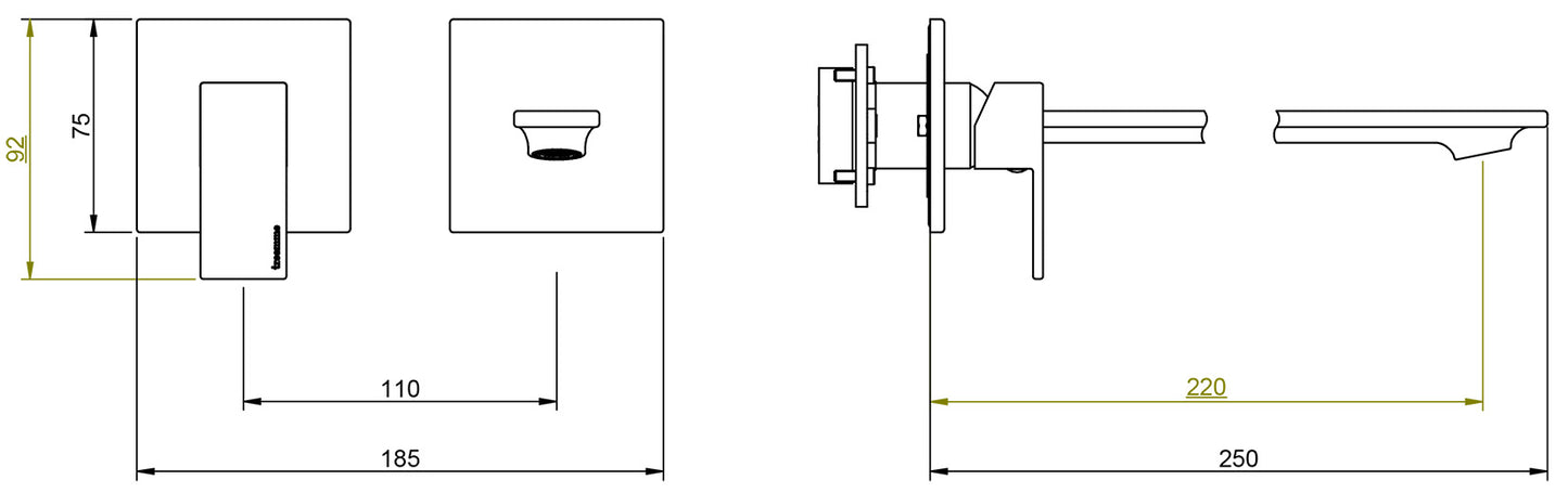 Rubinetterie Treemme Q30 Rubinetto Lavabo 220 Incasso Muro Senza Piastra Monocomando 1 Leva Parte Interna Esterna 2 Fori Materiale Ottone Finitura Cromato Stile Moderno Lunghezza 250 mm