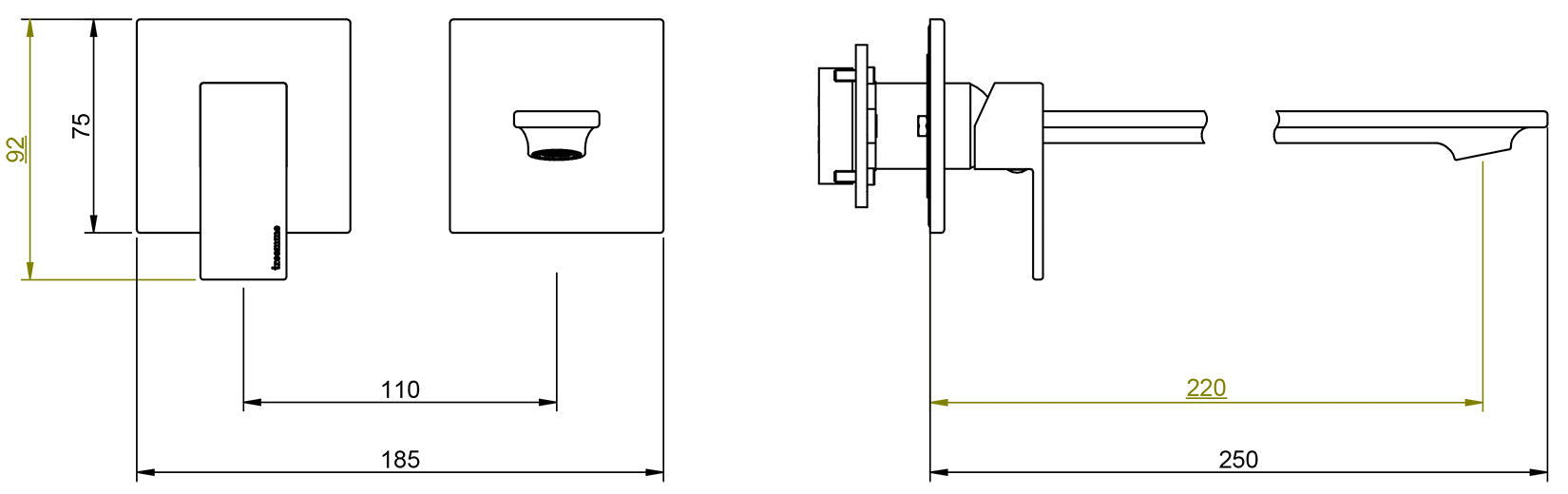 Rubinetterie Treemme Q30 Rubinetto Lavabo 220 Incasso Muro Senza Piastra Monocomando 1 Leva Parte Interna Esterna 2 Fori Materiale Ottone Finitura Cromato Stile Moderno Lunghezza 250 mm