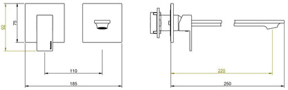 Rubinetterie Treemme Q30 Rubinetto Lavabo 220 Incasso Muro Senza Piastra Monocomando 1 Leva Parte Interna Esterna 2 Fori Materiale Ottone Finitura Cromato Stile Moderno Lunghezza 250 mm