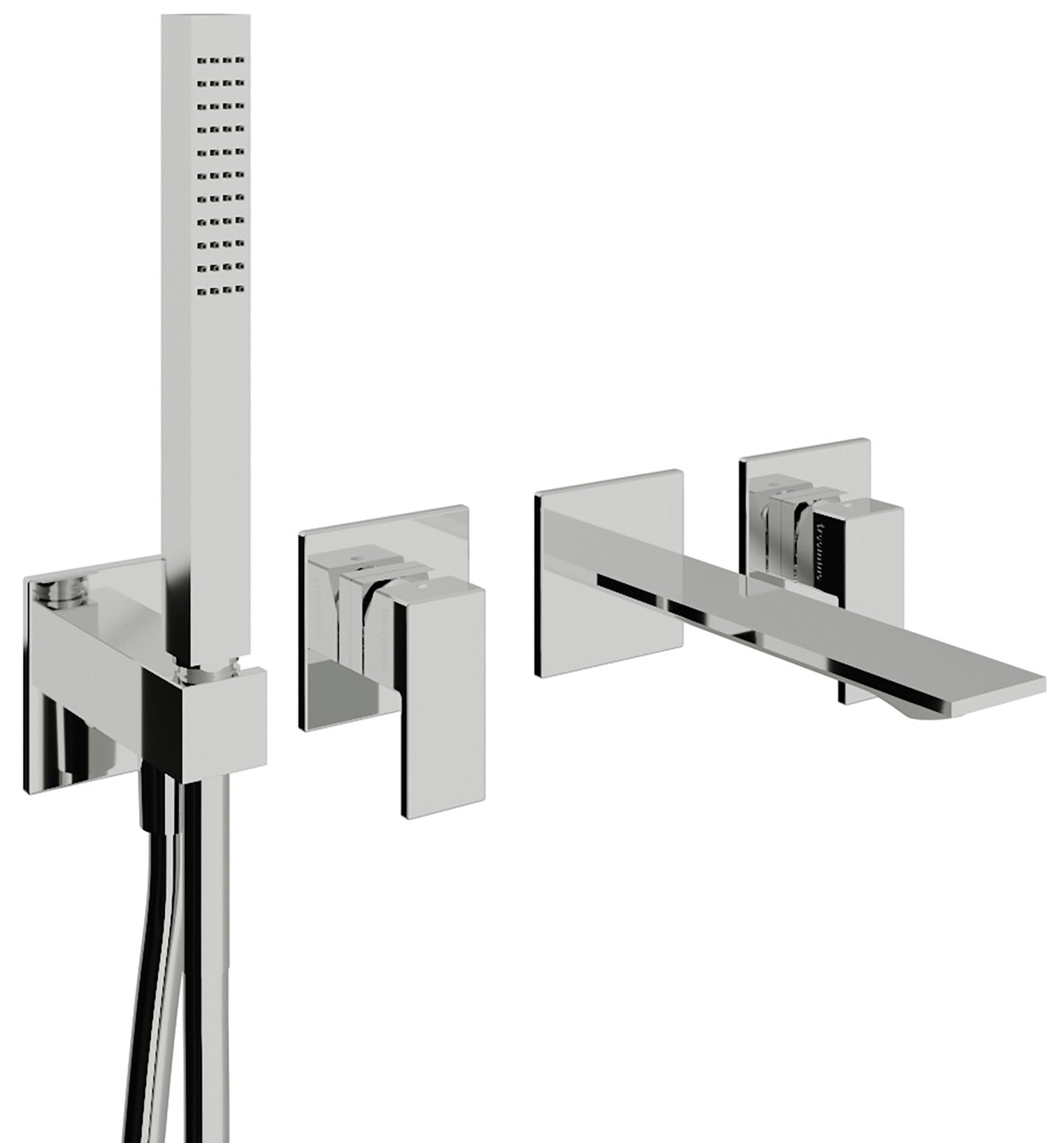 Rubinetterie Treemme Q30 Miscelatore Vasca / Doccia Meccanico Incasso A Muro Parte Interna Esterna Inclusa 4 Fori Senza Piastra Materiale Ottone Finitura Cromata Monocomando 2 Leve Manopole Stile Moderno Doccetta Metallo Flessibile PVC