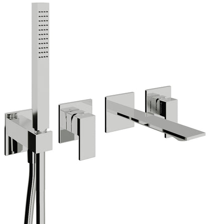 Rubinetterie Treemme Q30 Miscelatore Vasca / Doccia Meccanico Incasso A Muro Parte Interna Esterna Inclusa 4 Fori Senza Piastra Materiale Ottone Finitura Cromata Monocomando 2 Leve Manopole Stile Moderno Doccetta Metallo Flessibile PVC