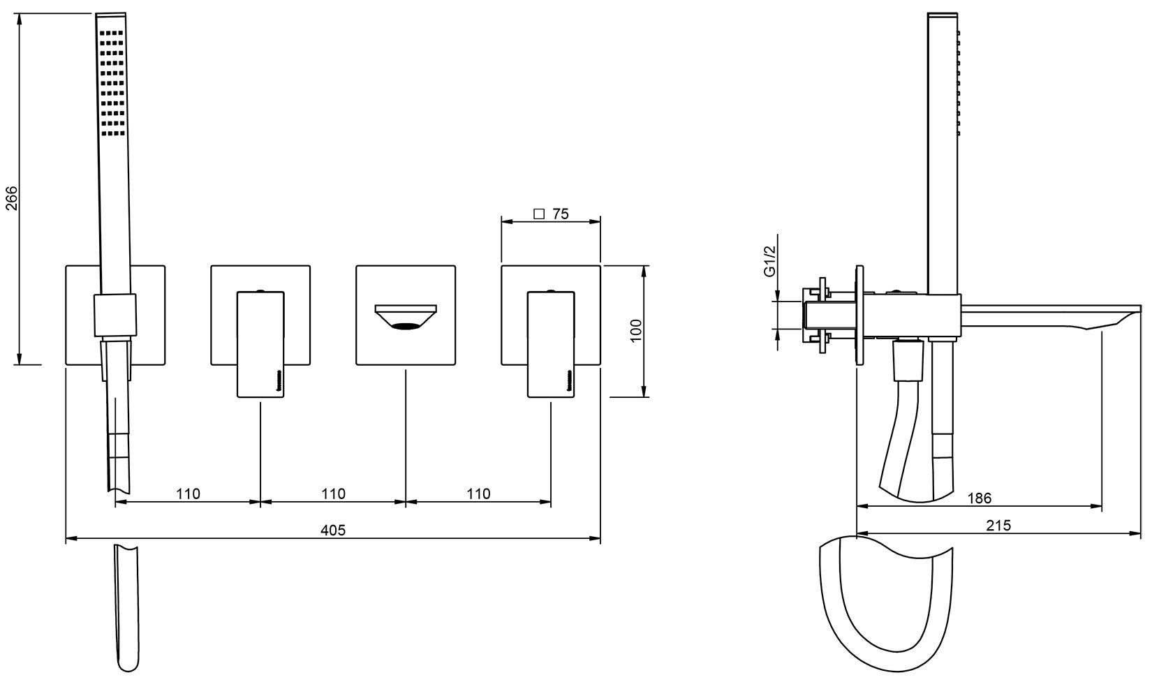 Rubinetterie Treemme Q30 Miscelatore Vasca / Doccia Meccanico Incasso A Muro Parte Interna Esterna Inclusa 4 Fori Senza Piastra Materiale Ottone Finitura Cromata Monocomando 2 Leve Manopole Stile Moderno Doccetta Metallo Flessibile PVC