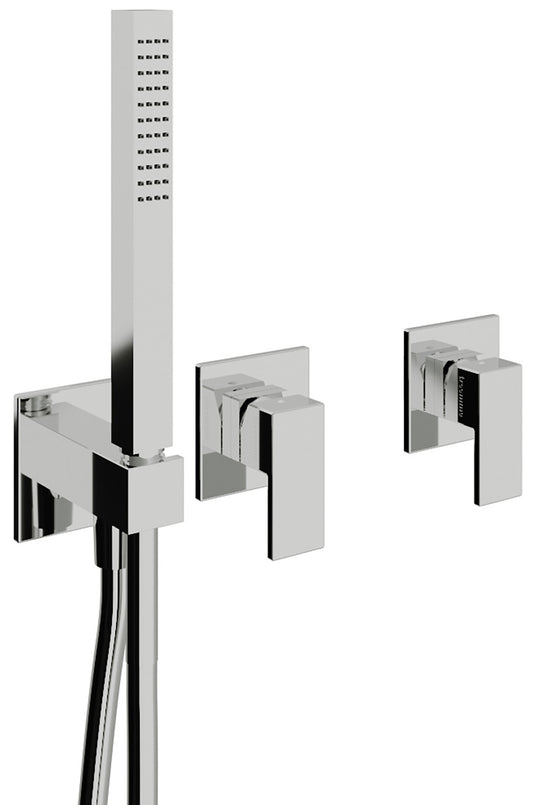 Rubinetterie Treemme Q30 Miscelatore Vasca / Doccia Meccanico Incasso A Muro Parte Interna Esterna Inclusa 3 Fori Senza Piastra Materiale Ottone Finitura Cromata Monocomando 2 Leve Manopole Stile Moderno Doccetta Metallo Flessibile PVC