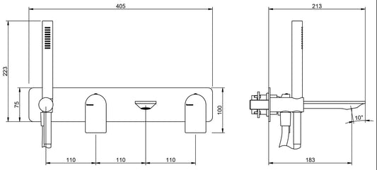 Rubinetterie Treemme Ran Miscelatore Vasca / Doccia Meccanico Incasso A Muro Parte Interna Esterna Inclusa Materiale Ottone Finitura Cromata 4 Fori Monocomando 2 Leve Stile Moderno Con Piastra Doccetta Metallo Flessibile PVC