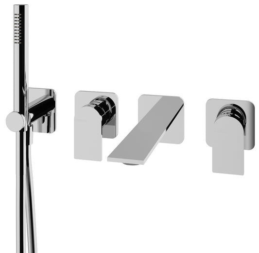 Rubinetterie Treemme Ran Miscelatore Vasca / Doccia Meccanico Incasso A Muro Parte Interna Esterna Inclusa Senza Piastra Materiale Ottone Finitura Cromata 4 Fori Monocomando 2 Leve Stile Moderno Doccetta Metallo Flessibile PVC