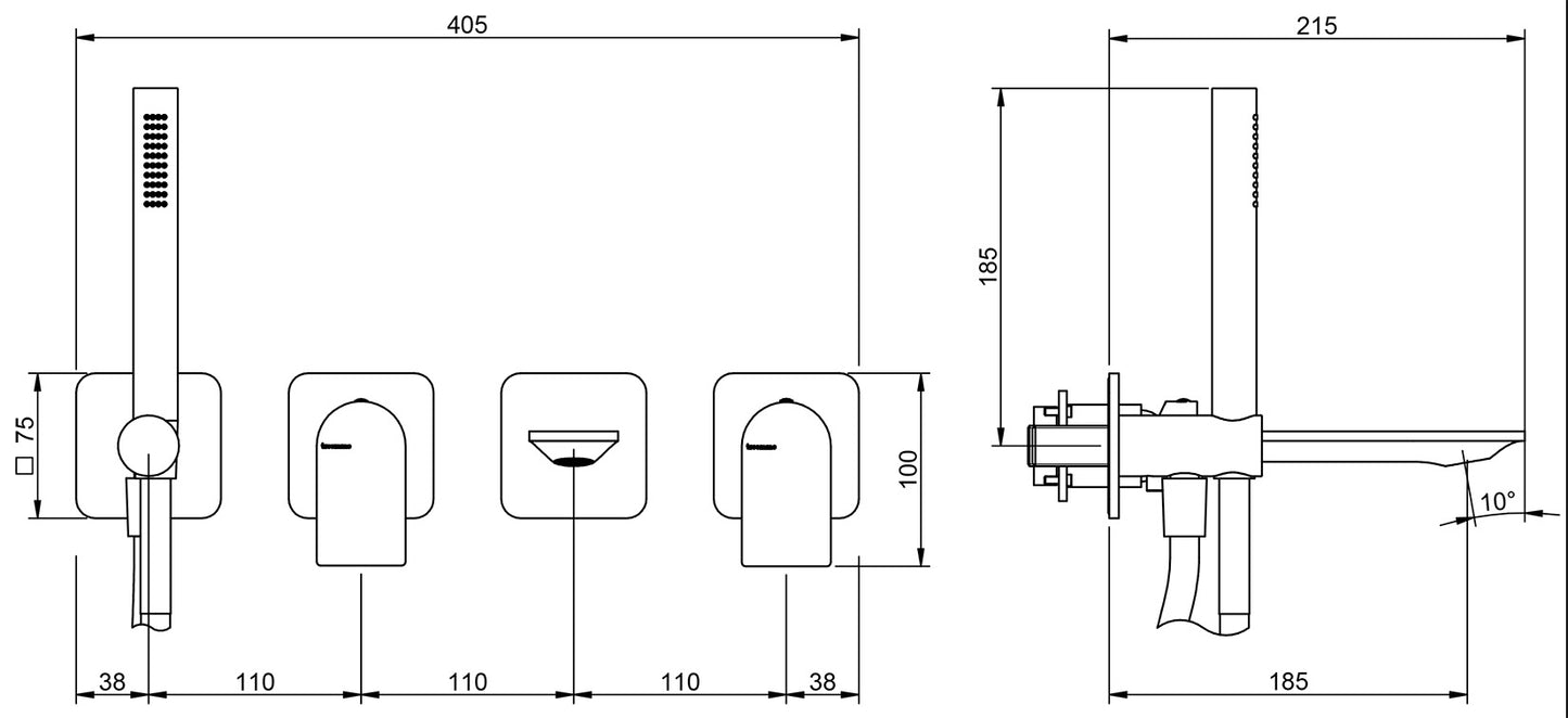 Rubinetterie Treemme Ran Miscelatore Vasca / Doccia Meccanico Incasso A Muro Parte Interna Esterna Inclusa Senza Piastra Materiale Ottone Finitura Cromata 4 Fori Monocomando 2 Leve Stile Moderno Doccetta Metallo Flessibile PVC