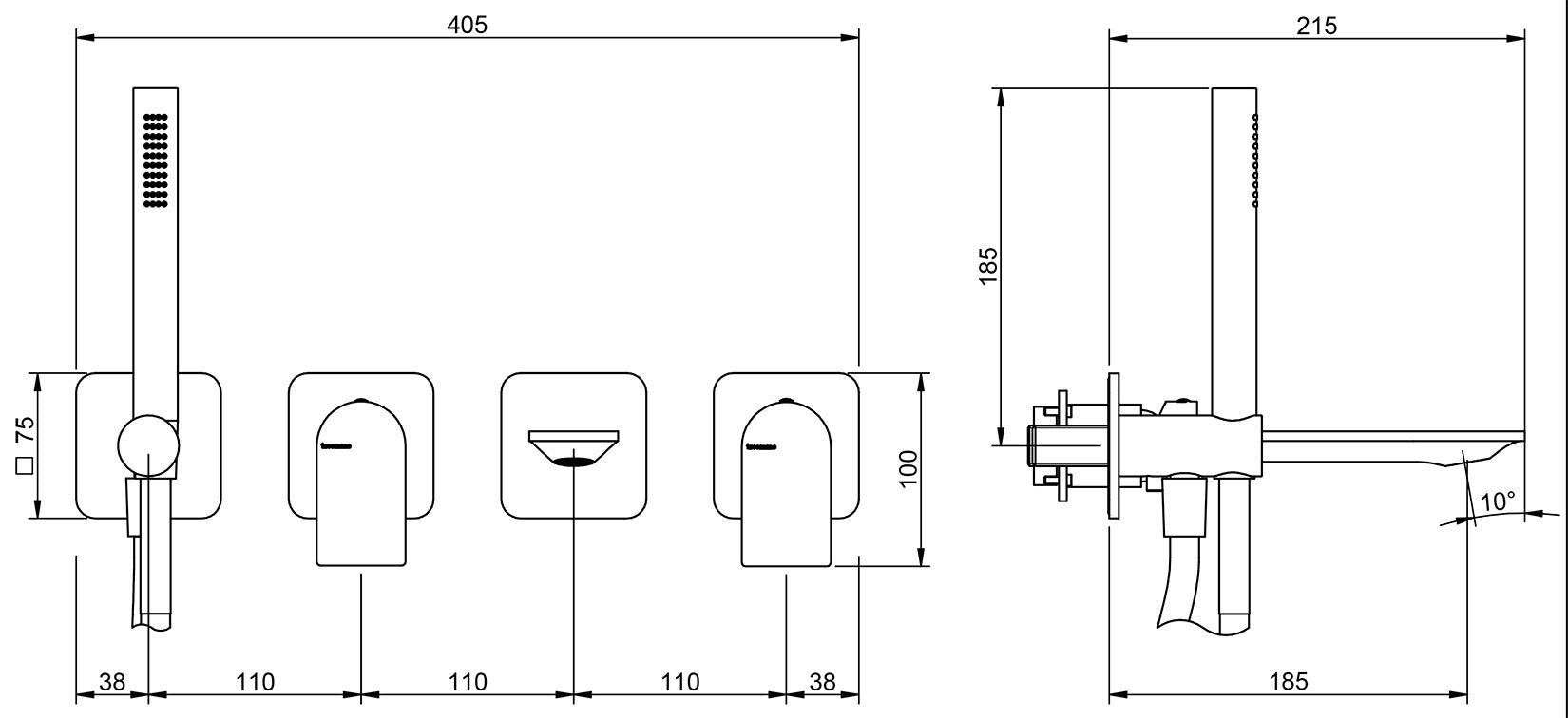 Rubinetterie Treemme Ran Miscelatore Vasca / Doccia Meccanico Incasso A Muro Parte Interna Esterna Inclusa Senza Piastra Materiale Ottone Finitura Cromata 4 Fori Monocomando 2 Leve Stile Moderno Doccetta Metallo Flessibile PVC