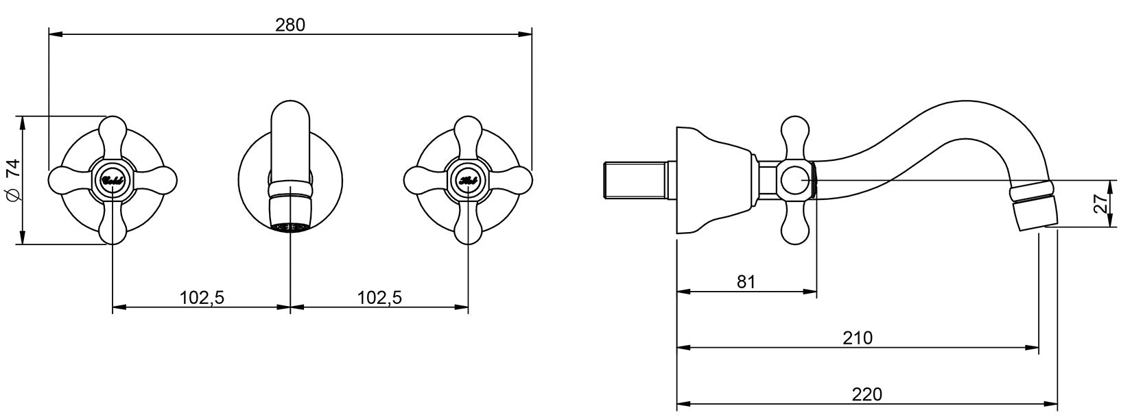 Rubinetterie Treemme 3M ROMANTICA RWIT 3652 CC 50 + RWIT 3A60 ZZ 02 Miscelatore Gruppo Lavabo Incasso A Muro 210 mm 3 Fori Materiale Ottone Finitura Cromata