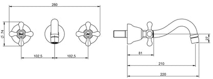 Rubinetterie Treemme 3M ROMANTICA RWIT 3652 CC 50 + RWIT 3A60 ZZ 02 Miscelatore Gruppo Lavabo Incasso A Muro 210 mm 3 Fori Materiale Ottone Finitura Cromata