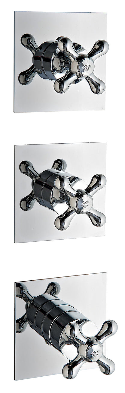 Rubinetterie Treemme 3M Romantica RWIT 7274 CC 57 + RWIT 7274 ZZ 40 Miscelatore Doccia 2 Uscite Termostatico Incasso Muro Parte Interna Esterna Incluse Materiale Ottone Finitura Cromata 3 Fori Monocomando 1 Leva Forma Croce Stile Classico Senza Piastra