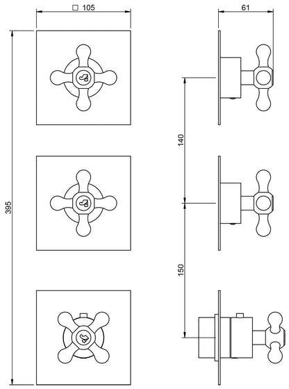 Rubinetterie Treemme 3M Romantica RWIT 7274 CC 57 + RWIT 7274 ZZ 40 Miscelatore Doccia 2 Uscite Termostatico Incasso Muro Parte Interna Esterna Incluse Materiale Ottone Finitura Cromata 3 Fori Monocomando 1 Leva Forma Croce Stile Classico Senza Piastra