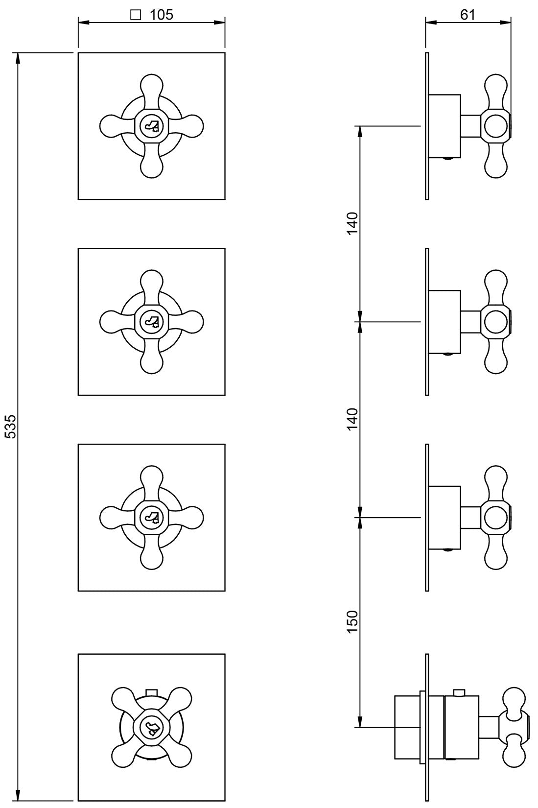Rubinetterie Treemme 3M Romantica RWIT 7275 CC 57 + RWIT 7275 ZZ 40 Miscelatore Doccia 3 Uscite Termostatico Incasso Muro Parte Interna Esterna Incluse Materiale Ottone Finitura Cromata 4 Fori Monocomando 1 Leva Forma Croce Stile Classico Senza Piastra