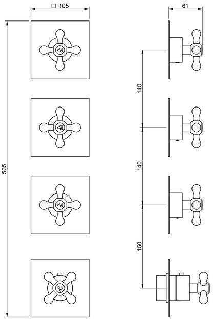Rubinetterie Treemme 3M Romantica RWIT 7275 CC 57 + RWIT 7275 ZZ 40 Miscelatore Doccia 3 Uscite Termostatico Incasso Muro Parte Interna Esterna Incluse Materiale Ottone Finitura Cromata 4 Fori Monocomando 1 Leva Forma Croce Stile Classico Senza Piastra