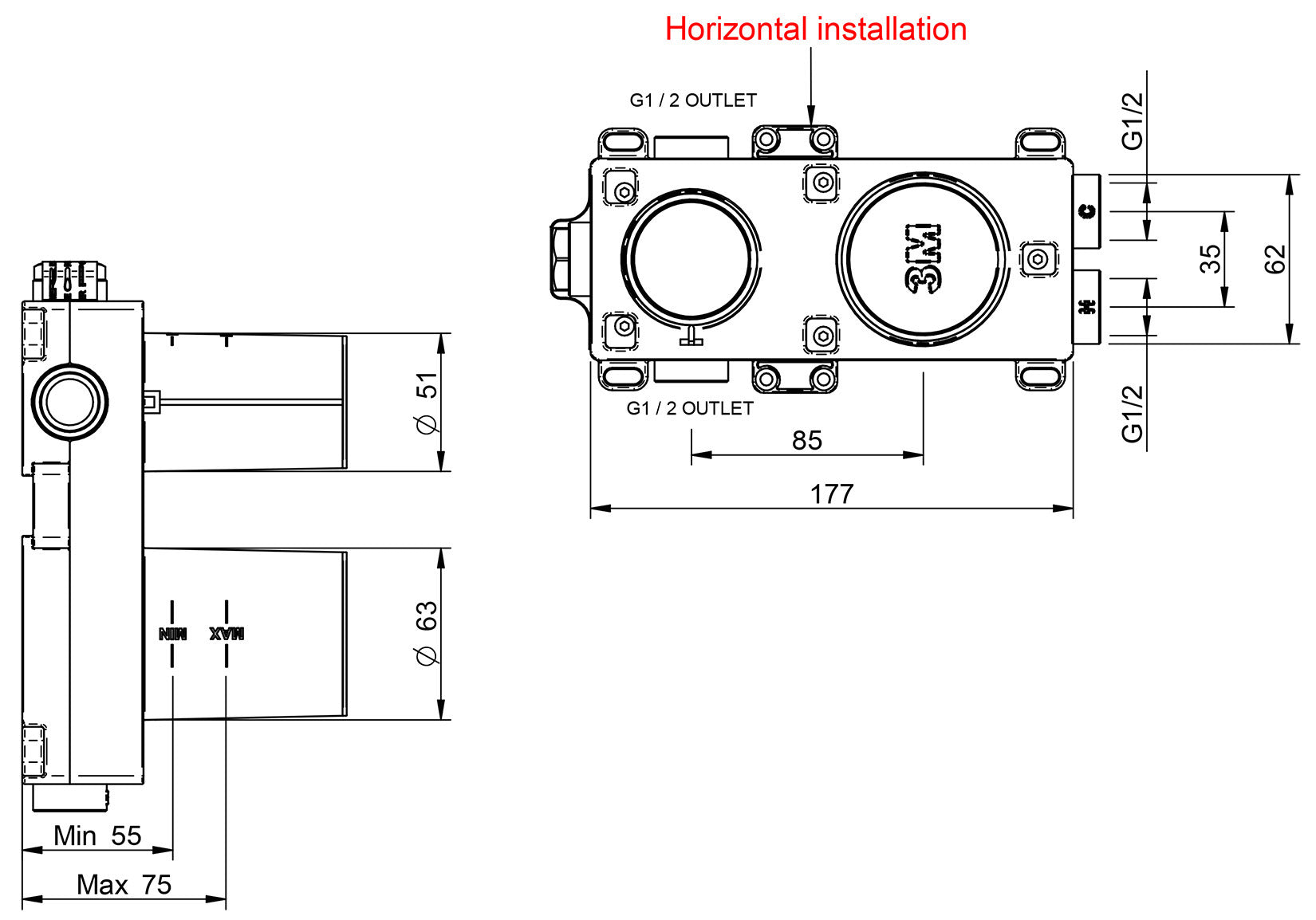 Rubinetterie Treemme 3M Showers & Thermostatics RWIT 6BE2 CC 01 + RWIT 22A2 ZZ 01 Miscelatore Monocomando Doccia Incasso Muro Deviatore 2 Uscite Meccanico Due Fori 1 Leva Piastra Orizzontale Staffa Cartongesso Ottone Cromata Parte Interna Esterna Incluse