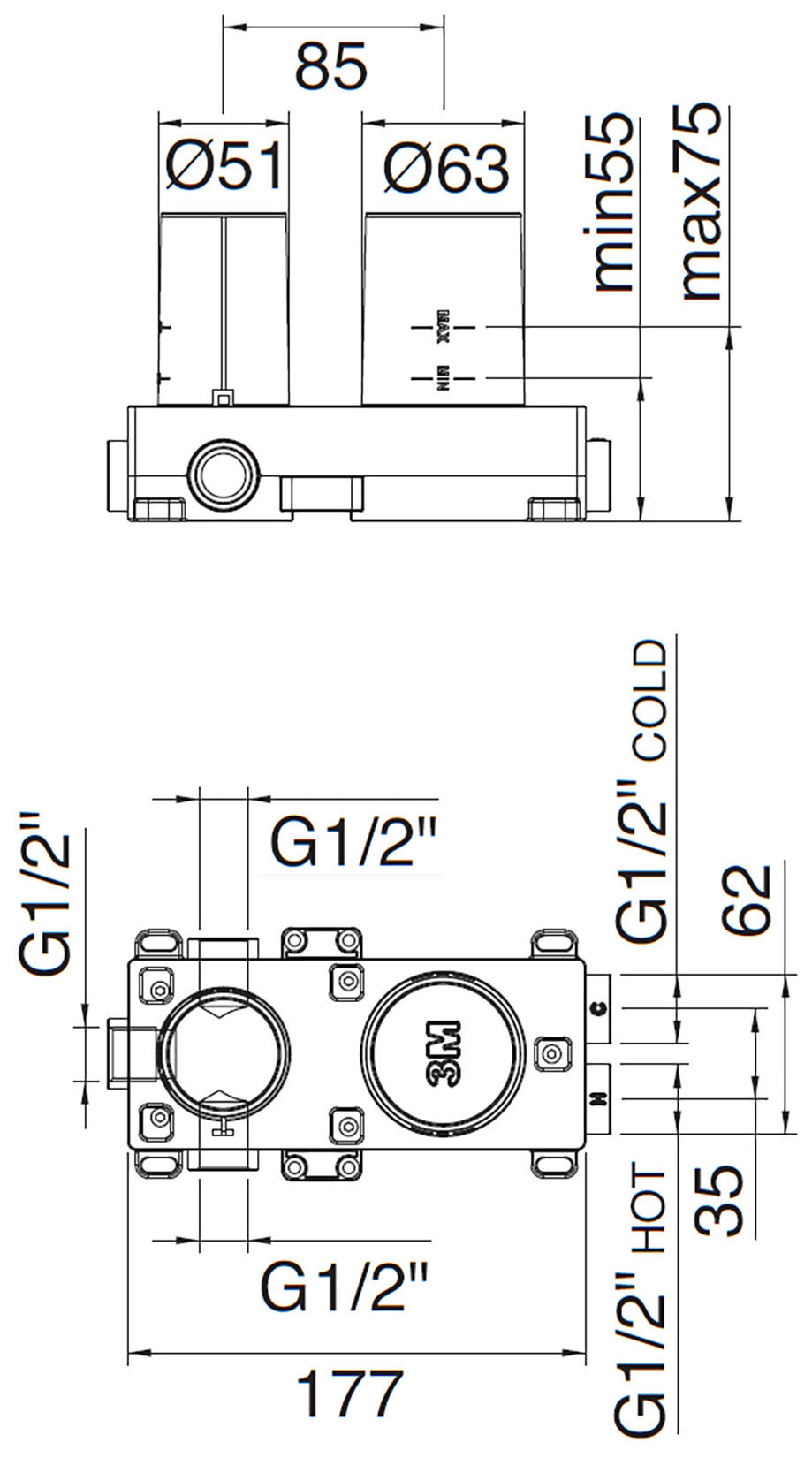 Rubinetterie Treemme 3M Ios RWIT 2AE2 CC 02 + RWIT 22A2 ZZ 01 Miscelatore Monocomando Doccia Incasso Muro Meccanico Deviatore 2 Uscite Con Piastra Orizzontale Due Fori 1 Manopola Materiale Ottone Finitura Cromata Parte Interna Esterna Incluse