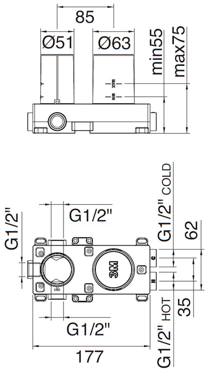 Rubinetterie Treemme 3M Ios RWIT 2AE2 CC 02 + RWIT 22A2 ZZ 01 Miscelatore Monocomando Doccia Incasso Muro Meccanico Deviatore 2 Uscite Con Piastra Orizzontale Due Fori 1 Manopola Materiale Ottone Finitura Cromata Parte Interna Esterna Incluse