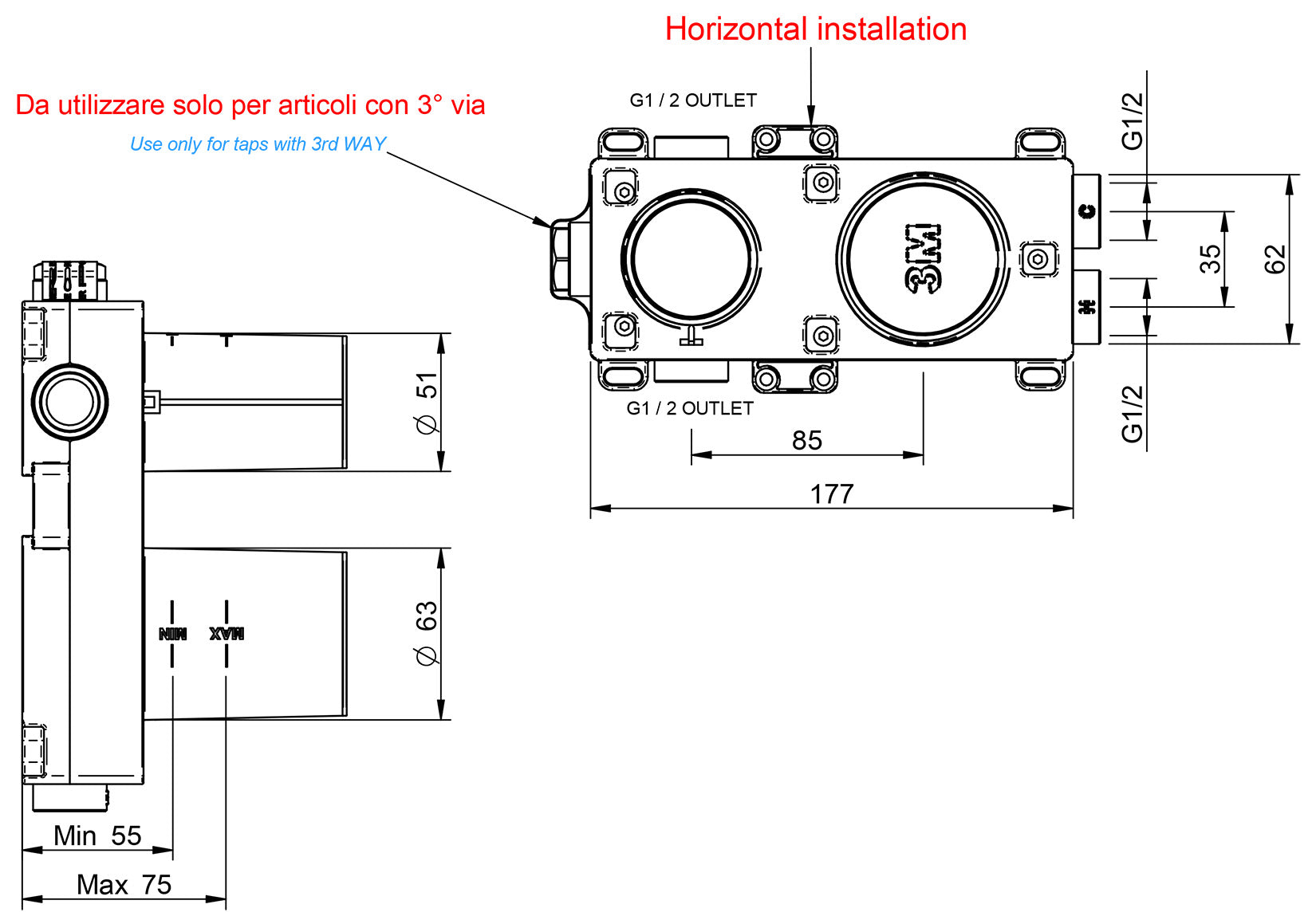 Rubinetterie Treemme 3M Showers & Thermostatics RWIT 6BE3 CC 01 + RWIT 22A2 ZZ 01 Miscelatore Monocomando Doccia Incasso Muro Deviatore 3 Uscite Meccanico Due Fori 1 Leva Piastra Orizzontale Staffa Cartongesso Ottone Cromata Parte Interna Esterna Incluse
