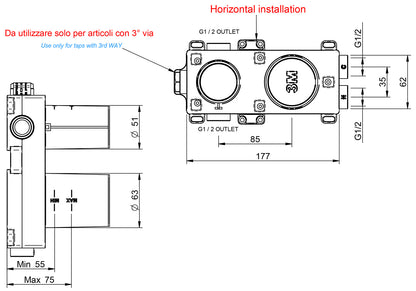 Rubinetterie Treemme 3M Showers & Thermostatics RWIT 6BE3 CC 01 + RWIT 22A2 ZZ 01 Miscelatore Monocomando Doccia Incasso Muro Deviatore 3 Uscite Meccanico Due Fori 1 Leva Piastra Orizzontale Staffa Cartongesso Ottone Cromata Parte Interna Esterna Incluse