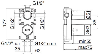Rubinetterie Treemme 3M Hask RWIT 6AC2 CC 01 + RWIT 22A2 ZZ 01 Miscelatore Monocomando Doccia Incasso Muro Con Deviatore 2 Uscite Meccanico Due Fori 1 Leva Senza Piastra Verticale Staffa Per Cartongesso Ottone Cromata Parte Interna Esterna Incluse