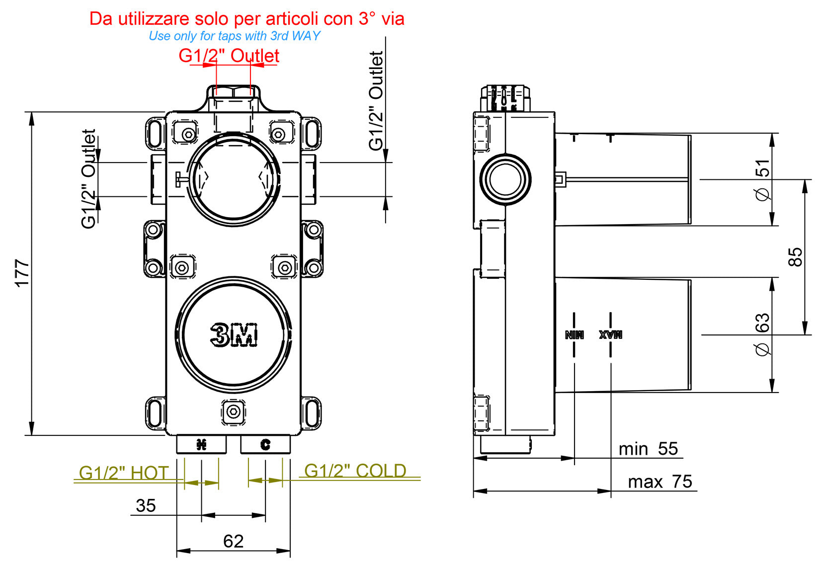 Rubinetterie Treemme 3M 5MM RWIT 28A3 IS 01 + RWIT 22A2 ZZ 01 Miscelatore Monocomando Meccanico Doccia Incasso A Parete Con Piastra E Deviatore 3 Uscite Due Fori Una Manopola Stile Moderno Acciaio Inox Parte Interna Esterna Incluse