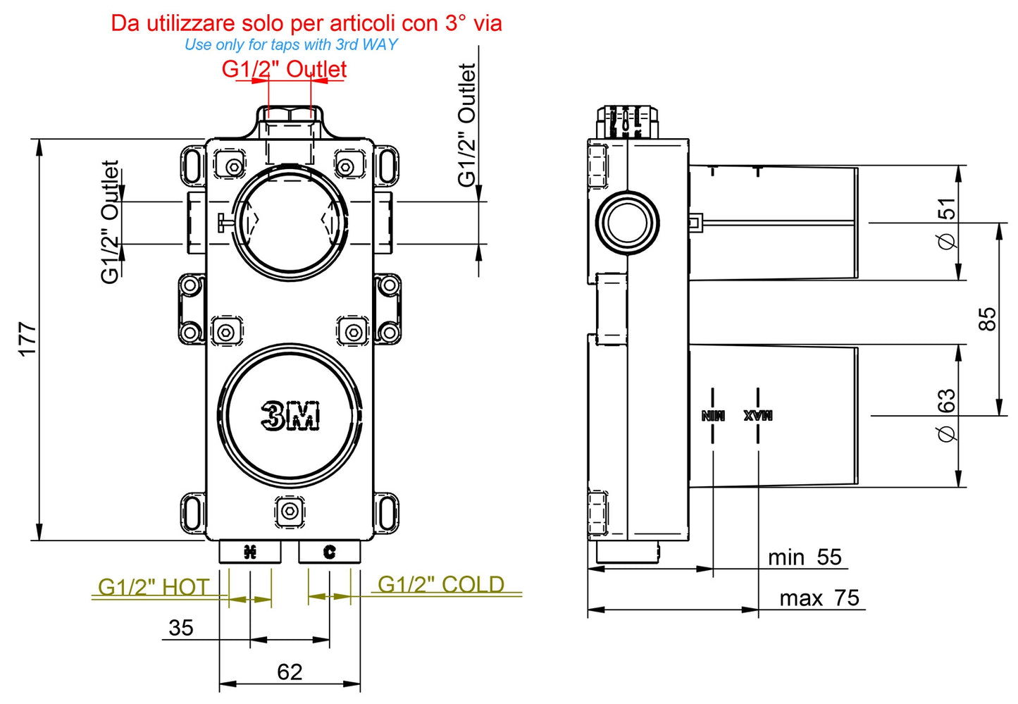 Rubinetterie Treemme 3M Hask RWIT 6AA3 CC 01 + RWIT 22A2 ZZ 01 Miscelatore Monocomando Doccia Incasso Muro Con Deviatore 3 Uscite Meccanico Due Fori 1 Leva Con Piastra Verticale Staffa Per Cartongesso Ottone Cromata Parte Interna Esterna Incluse