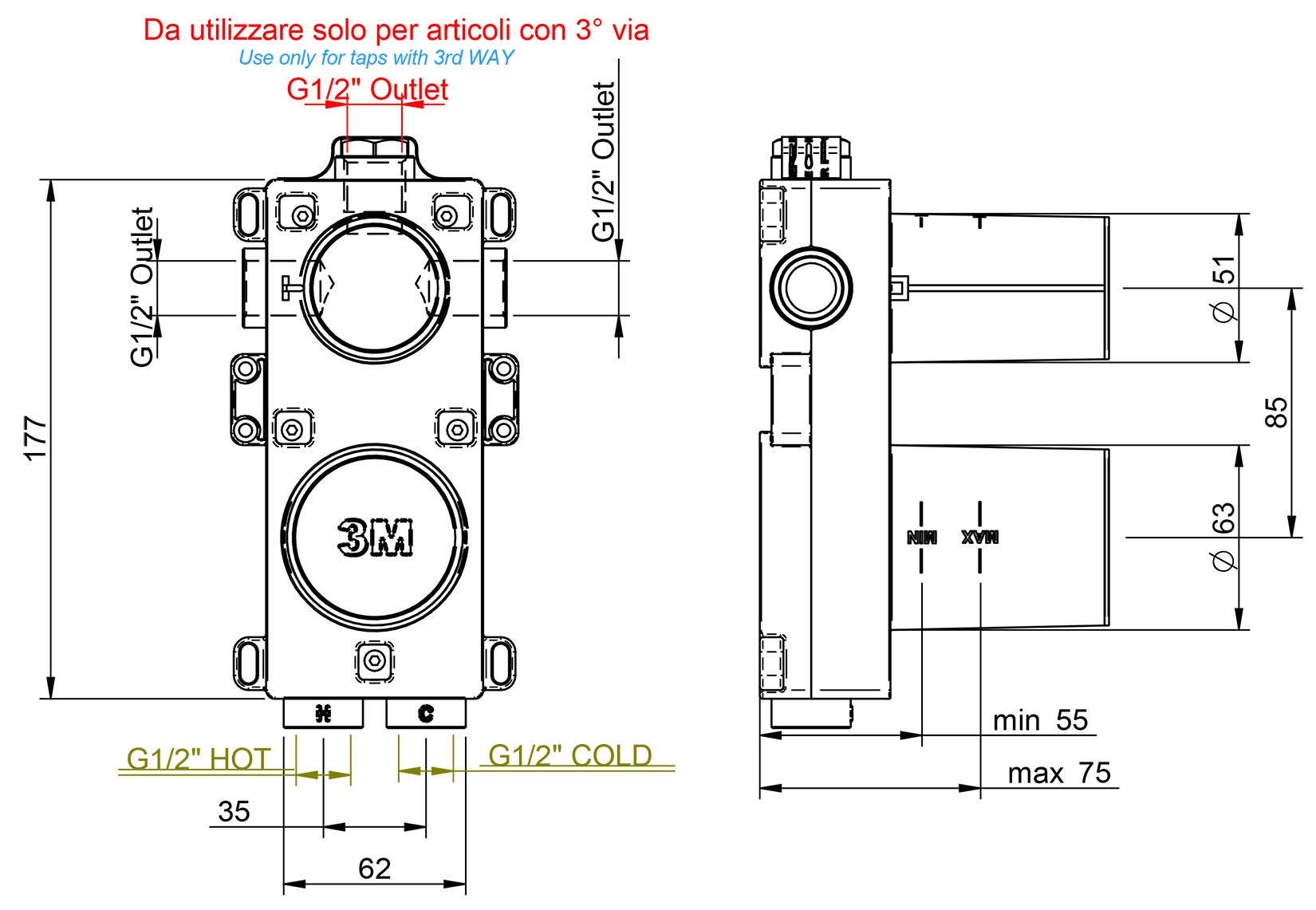 Rubinetterie Treemme 3M Hask RWIT 6AC3 CC 01 + RWIT 22A2 ZZ 01 Miscelatore Monocomando Doccia Incasso Muro Con Deviatore 3 Uscite Meccanico Due Fori 1 Leva Senza Piastra Verticale Staffa Per Cartongesso Ottone Cromata Parte Interna Esterna Incluse