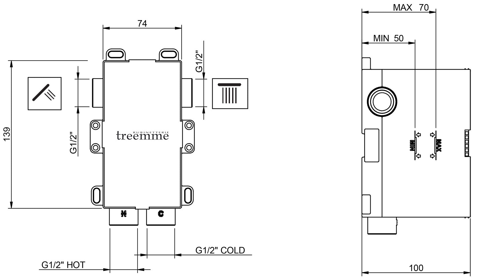 Rubinetterie Treemme 3M Pa36 RWIT 8BB1 CC 01 + RWIT 51B1 ZZ 03 Miscelatore Monocomando Vasca / Doccia Incasso Muro Meccanico 2 Vie Con Deviatore Due Fori 1 Manopola Con Piastra Staffa Cartongesso Ottone Cromato Parte Interna Esterna Incluse