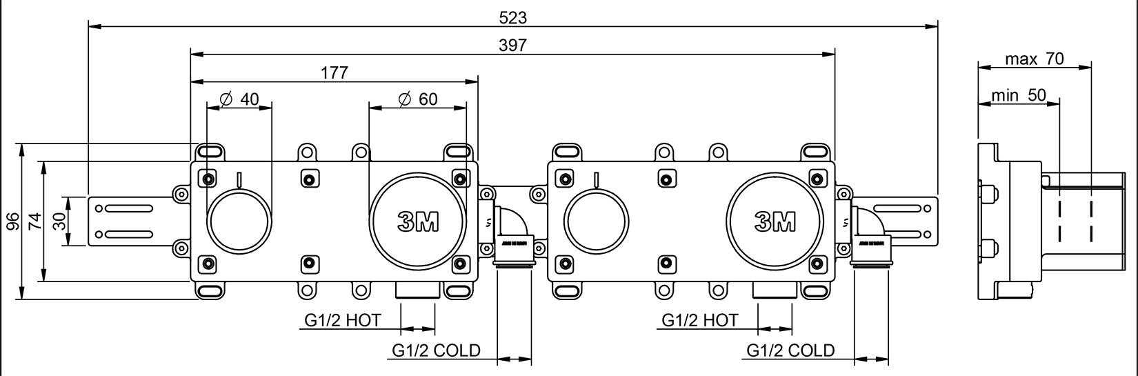 Rubinetterie Treemme 3M T30 RWIT 5BD8 CC 01 + RWIT 51D7 ZZ 12 Miscelatore Vasca / Doccia Meccanico Incasso Muro Parte Interna Esterna Inclusa 4 Fori Senza Piastra Ottone Cromata Monocomando 2 Leve Manopole Stile Moderno Doccetta Metallo Flessibile PVC