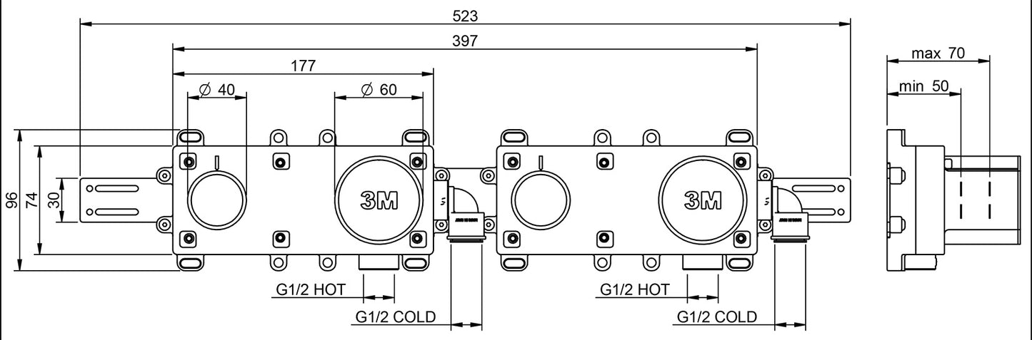 Rubinetterie Treemme 3M Ios RWIT 2AD8 CC 01 + RWIT 51D7 ZZ 12 Miscelatore Vasca / Doccia Incasso Muro Monocomando Meccanico Parte Interna Esterna Inclusa 4 Fori Senza Piastra Ottone Cromata 2 Leve Manopole Stile Moderno Doccetta Metallo Flessibile PVC
