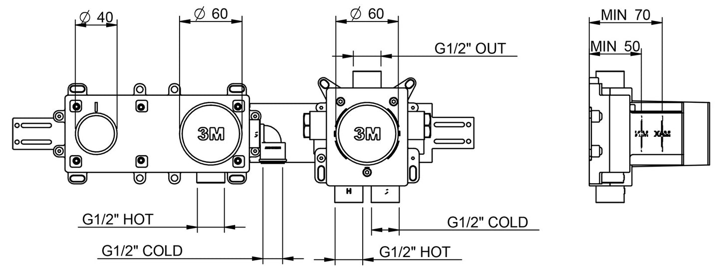 Rubinetterie Treemme 3M Ios RWIT 2AD9 CC 01 + RWIT 51D9 ZZ 01 Miscelatore Vasca / Doccia Incasso Muro Monocomando Meccanico Parte Interna Esterna Inclusa 3 Fori Senza Piastra Ottone Cromata 2 Leve Manopole Stile Moderno Doccetta Metallo Flessibile PVC