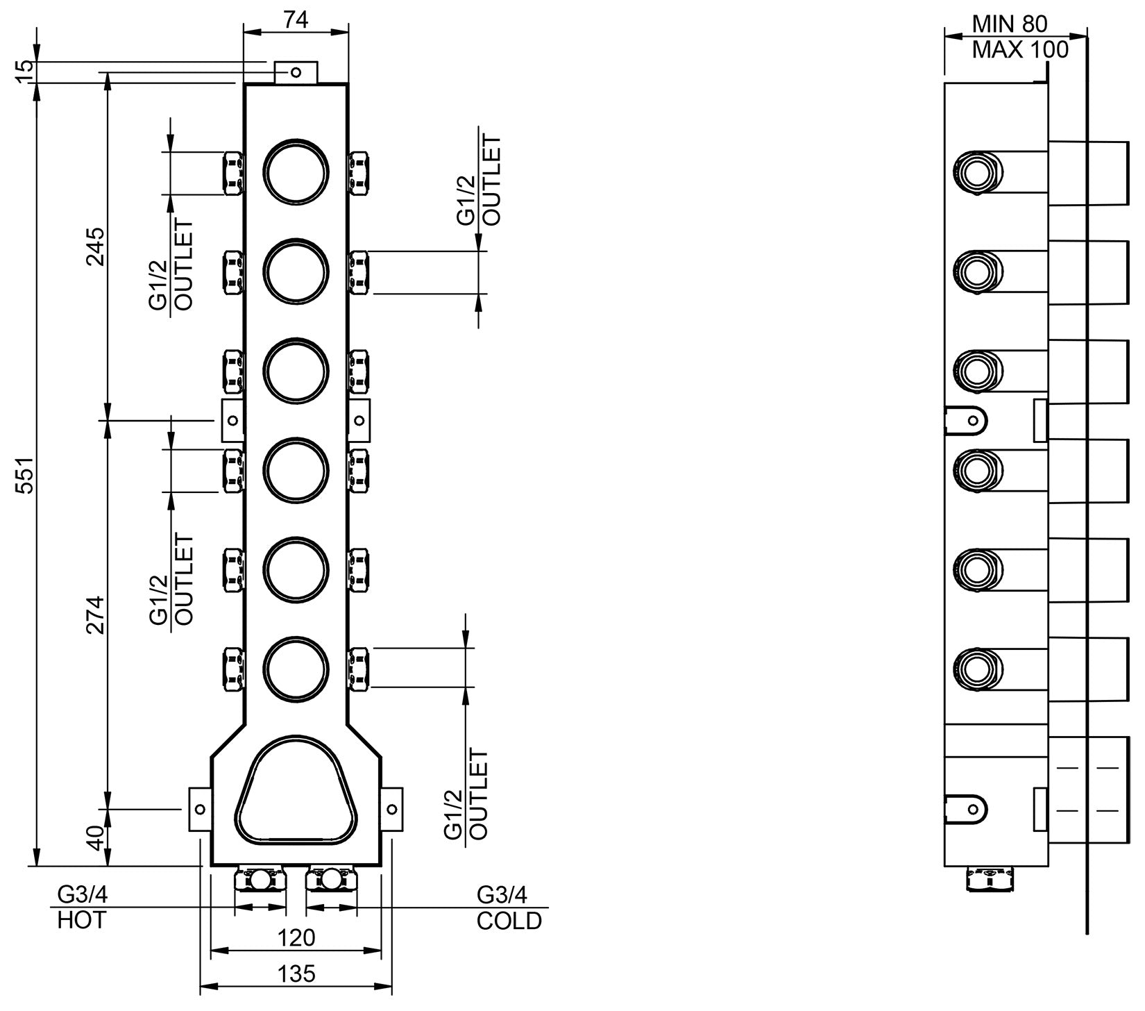 Rubinetterie Treemme 3M 5MM RWIT 2564 IS 35 + RWIT 7264 ZZ 30 Miscelatore Monocomando Termostatico Doccia Incasso A Parete Con Piastra 6 Uscite Sette Fori Una Manopola Stile Moderno Acciaio Inox Parte Esterna Interna Incluse
