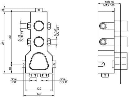 Rubinetterie Treemme X-CHANGE_mono Miscelatore Termostatico Incasso Doccia 2 Uscite Materiale Ottone Finitura Cromata