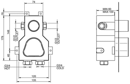 Rubinetterie Treemme 3M 5MM RWIT 2587 IS 35 + RWIT 7287 ZZ 30 Miscelatore Monocomando Termostatico Doccia Incasso A Parete Con Piastra 1 Uscita Due Fori Una Manopola Stile Moderno Acciaio Inox Parte Esterna Interna Incluse