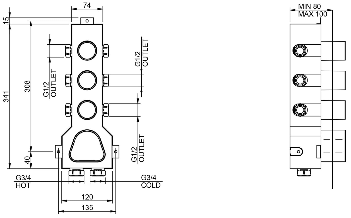 Rubinetterie Treemme X-Change XR Miscelatore Doccia 3 Uscite Termostatico Incasso A Muro Parte Interna e Esterna Incluse Materiale Ottone Finitura Cromata 4 Fori Monocomando 1 Leva Stile Moderno Con Piastra