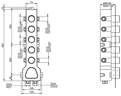 Rubinetterie Treemme X-Change XR Miscelatore Doccia 5 Uscite Termostatico Incasso A Muro Parte Interna e Esterna Incluse Materiale Ottone Finitura Cromata 6 Fori Monocomando 1 Leva Stile Moderno Con Piastra