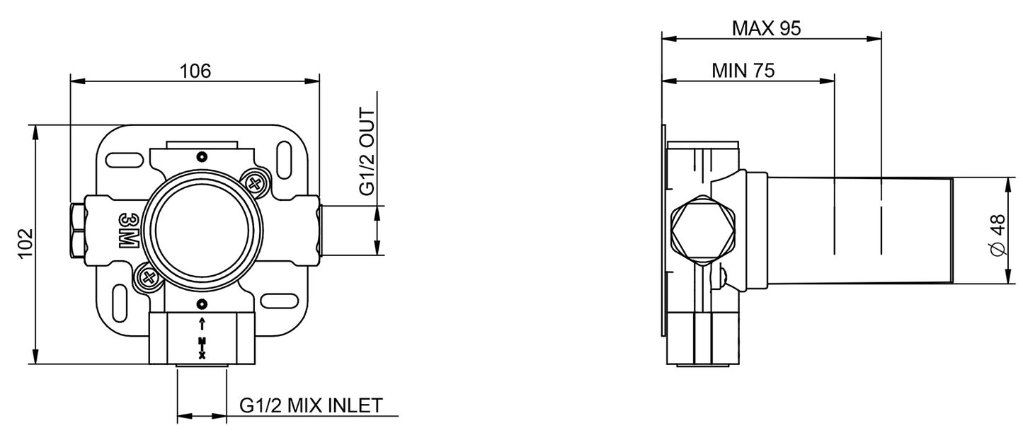 Rubinetterie Treemme Showers & Thermostatics Rubinetto D'Arresto 1/2” Quadro Monoforo Installazione Incasso Parete Materiale Ottone Finitura Cromata Parte Interna Esterna Incluse Forma Tonda