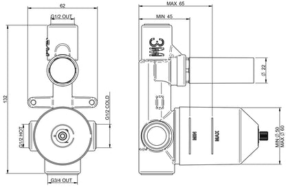 Rubinetterie Treemme 3M Termo S + Showers RWIT 7583 CC 02 + RWIT 7583 CC 01 IT 7583 CC VL ZZ Miscelatore Doccia Termostatico Incasso COAX Deviatore Muro Parte Interna Esterna Materiale Ottone Finitura Cromata 2 Fori 2 Vie 1 Leva Stile Moderno