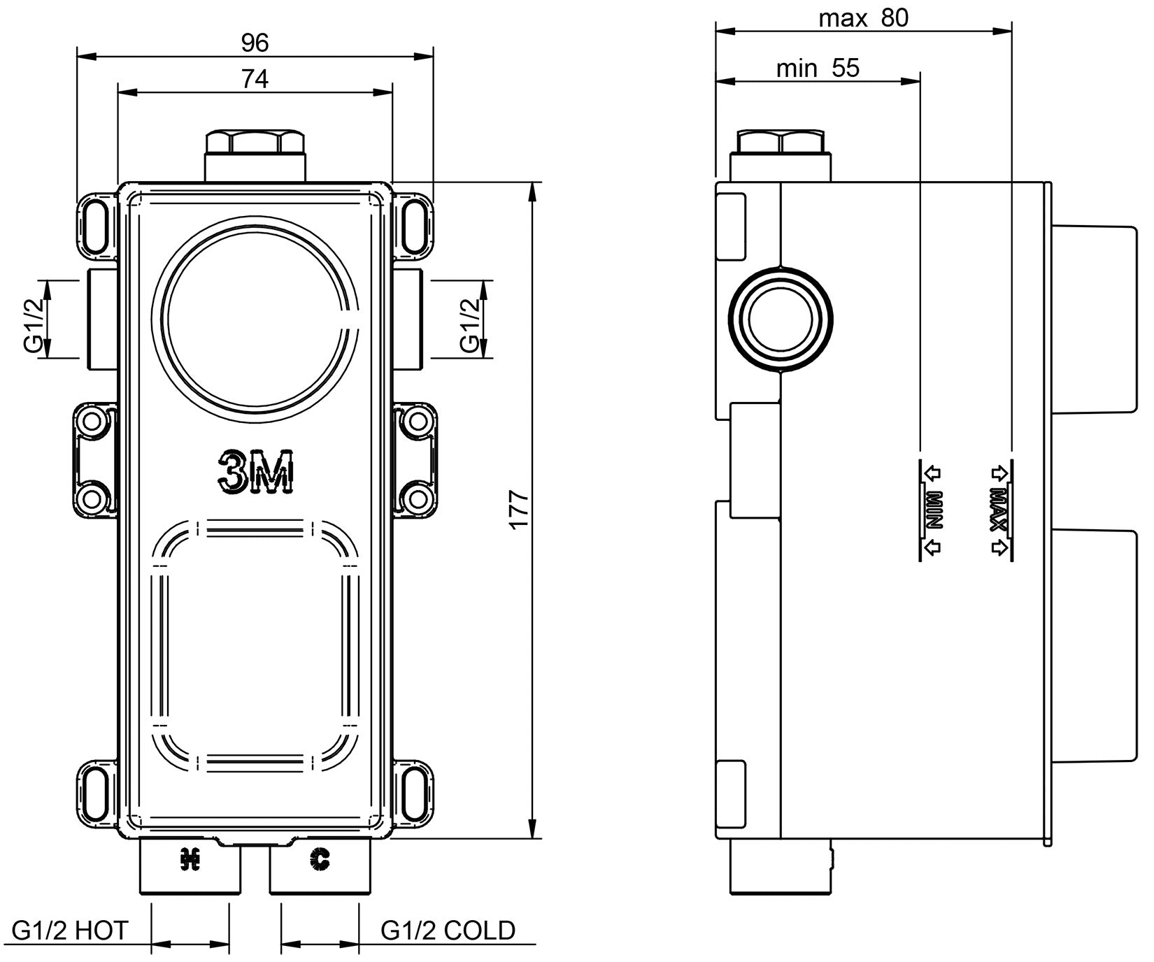Rubinetterie Treemme 3M Ios RWIT 8A46 CC 60 + RWIT 8A46 ZZ 20 Miscelatore Doccia Incasso Muro Termostatico Deviatore 2 Uscite Con Piastra Due Fori 1 Manopola Materiale Ottone Finitura Cromata Parte Interna Esterna Incluse