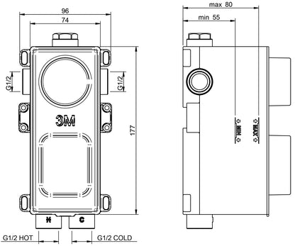 Rubinetterie Treemme 3M Ios RWIT 8A46 CC 60 + RWIT 8A46 ZZ 20 Miscelatore Doccia Incasso Muro Termostatico Deviatore 2 Uscite Con Piastra Due Fori 1 Manopola Materiale Ottone Finitura Cromata Parte Interna Esterna Incluse