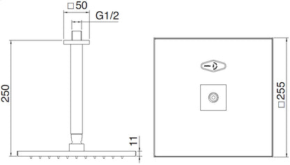 Rubinetterie Treemme SHOWERS & THERMOSTATICS Soffione Doccia A Soffitto Quadro In Metallo 255x255 mm Anticalcare Con Braccio Doccia 250 mm Materiale Ottone Finitura Cromata