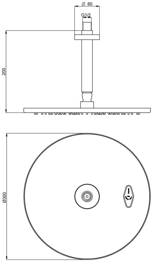 Rubinetterie Treemme SHOWERS & THERMOSTATICS Soffione Doccia A Soffitto Tondo In Metallo Ø300 mm Anticalcare Con Braccio Doccia 200 mm Materiale Ottone Finitura Cromata