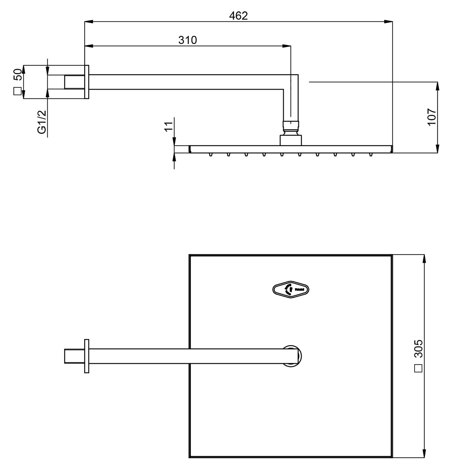 Rubinetterie Treemme SHOWERS & THERMOSTATICS Soffione Doccia A Parete Quadro In Metallo 305x305 mm Anticalcare Con Braccio Doccia 310 mm Materiale Ottone Finitura Cromata