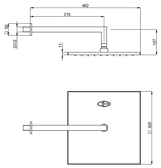 Rubinetterie Treemme SHOWERS & THERMOSTATICS Soffione Doccia A Parete Quadro In Metallo 305x305 mm Anticalcare Con Braccio Doccia 310 mm Materiale Ottone Finitura Cromata