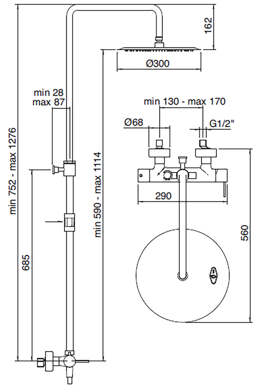 Rubinetterie Treemme SHOWERS & THERMOSTATICS Gruppo Colonna Doccia Attrezzata Multifunzione Miscelatore Meccanico Finitura Cromata Con Doccetta E Soffione Anticalcare In Metallo Diametro Ø 300 mm Valvola Di Sicurezza