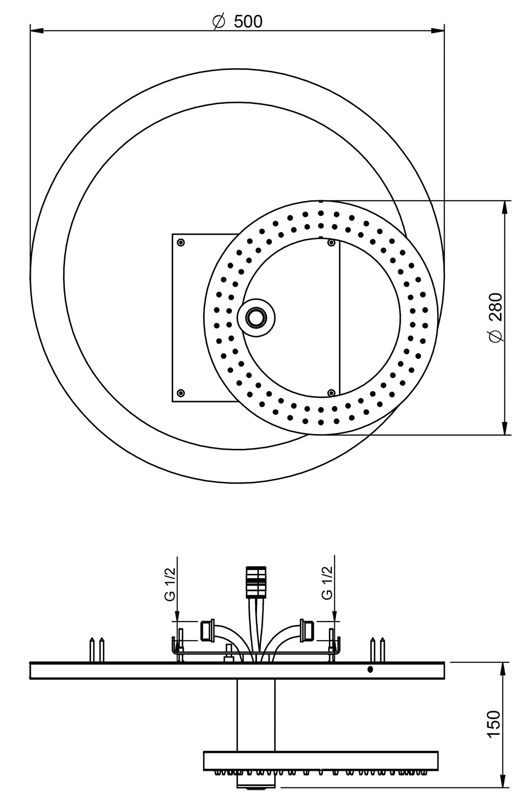 Rubinetterie Treemme SHOWERS & THERMOSTATICS Soffione Doccia a Soffitto Anticalcare Misura Diametro 280 e Ø 500 mm Forma Rotonda a Cerchio Funzione Acqua Pioggia Getto LED Materiale Acciaio Inox Finitura Cromata